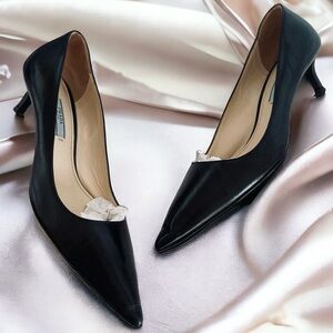 Prada Black Leather Heels with Cream Bow